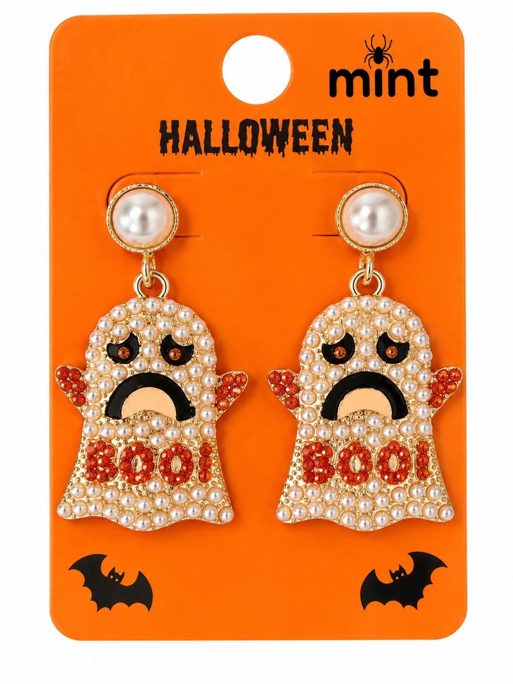 Mint Halloween BOO Ghost Pearl Rhinestone Dangle Statement Earrings NWT